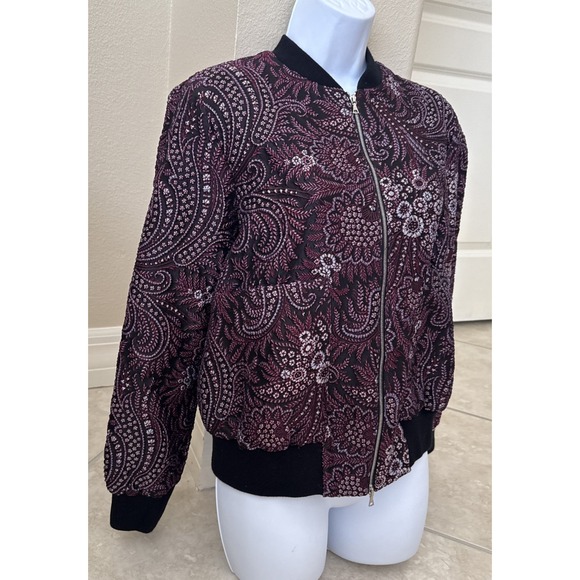 Suno Black & Purple Paisley Floral Bomber Jacket Full Zip Coat Lined Preppy Sz 2 - Picture 2 of 12